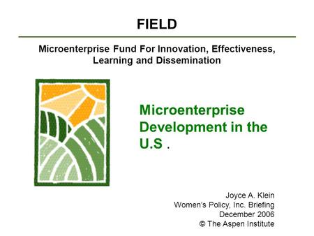 FIELD Microenterprise Fund For Innovation, Effectiveness, Learning and Dissemination Microenterprise Development in the U.S. Joyce A. Klein Women’s Policy,