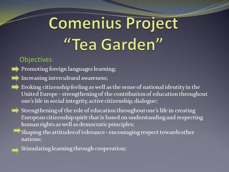 Objectives: Promoting foreign languages learning; Increasing intercultural awareness; Evoking citizenship feeling as well as the sense of national identity.