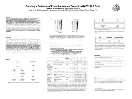 The complete table (available upon request) lists the phosphoproteins identified in RAW 264.7 cells from multiple experiments. The table contains 3 classes.