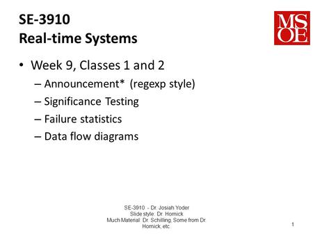 SE-3910 Real-time Systems Week 9, Classes 1 and 2 – Announcement* (regexp style) – Significance Testing – Failure statistics – Data flow diagrams SE-3910.