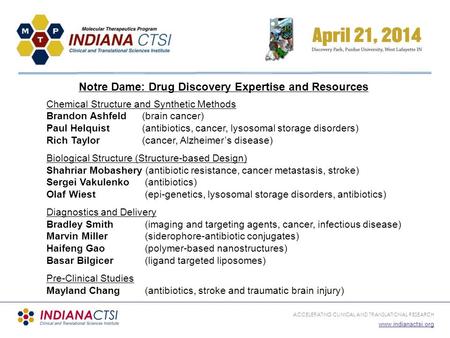 ACCELERATING CLINICAL AND TRANSLATIONAL RESEARCH www.indianactsi.org Notre Dame: Drug Discovery Expertise and Resources Chemical Structure and Synthetic.