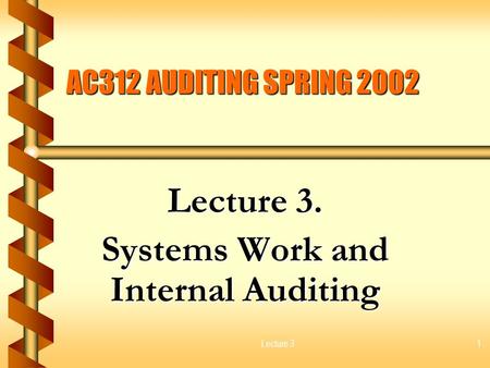 Lecture 31 AC312 AUDITING SPRING 2002 Lecture 3. Systems Work and Internal Auditing.