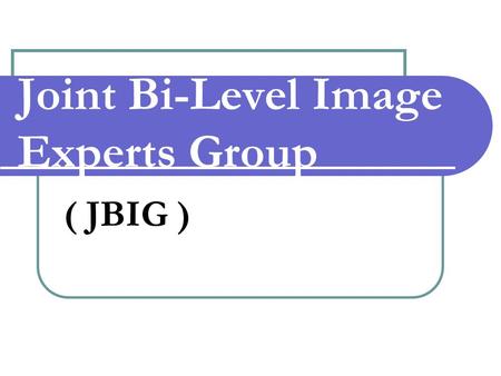 Joint Bi-Level Image Experts Group ( JBIG ). JBIG Joint Bi-Level Image Experts Group (JBIG), reports both to ISO/IEC JTC1/SC29/WG11 and ITU-T SG 8. 