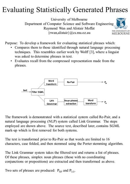 Evaluating Statistically Generated Phrases University of Melbourne Department of Computer Science and Software Engineering Raymond Wan and Alistair Moffat.