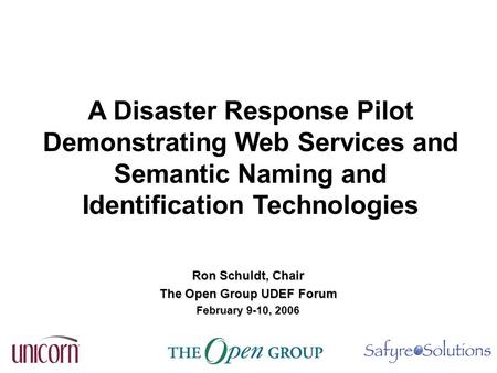 A Disaster Response Pilot Demonstrating Web Services and Semantic Naming and Identification Technologies Ron Schuldt, Chair The Open Group UDEF Forum February.