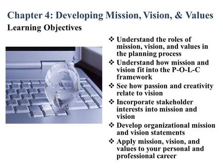 Chapter 4: Developing Mission, Vision, & Values Learning Objectives