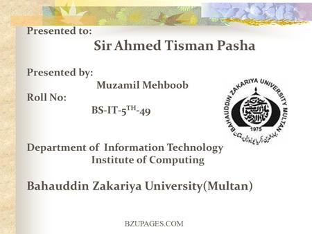 BZUPAGES.COM Presented to: Sir Ahmed Tisman Pasha Presented by: Muzamil Mehboob Roll No: BS-IT-5 TH -49 Department of Information Technology Institute.