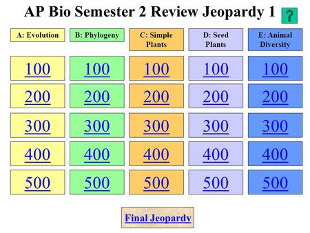 AP Bio Semester 2 Review Jeopardy 1 100 200 300 400 500 100 200 300 400 500 100 200 300 400 500 100 200 300 400 500 100 200 300 400 500 A: EvolutionB: