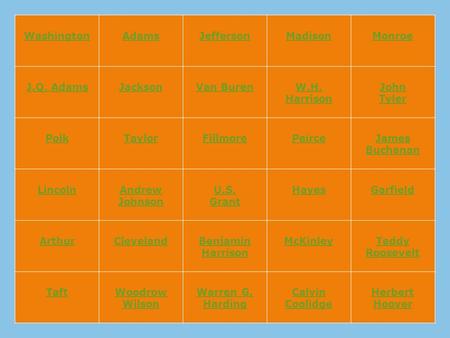WashingtonAdamsJeffersonMadisonMonroe J.Q. AdamsJacksonVan BurenW.H. Harrison John Tyler PolkTaylorFillmorePeirceJames Buchanan LincolnAndrew Johnson U.S.