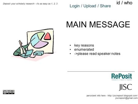 Login / Upload / Share Deposit your scholarly research - it’s as easy as 1, 2, 3 MAIN MESSAGE key reasons enumerated ->please read speaker notes id / who.