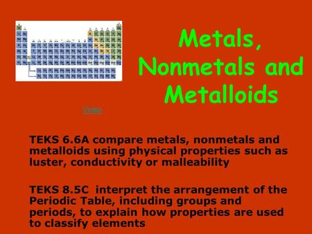 Metals, Nonmetals and Metalloids