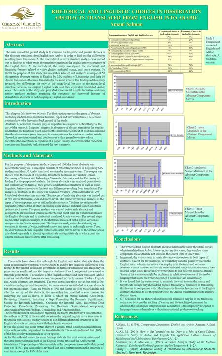 LOGO RHETORICAL AND LINGUISTIC CHOICES IN DISSERTATION ABSTRACTS TRANSLATED FROM ENGLISH INTO ARABIC Amani Salman Abstract The main aim of the present.