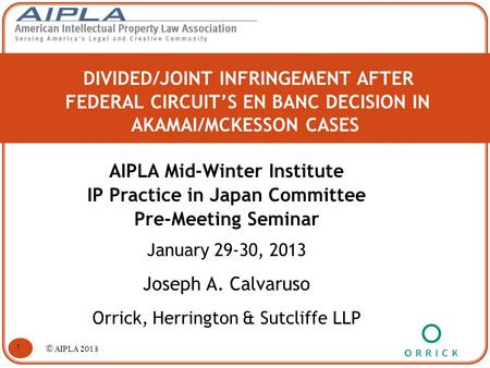 DIVIDED/JOINT INFRINGEMENT AFTER FEDERAL CIRCUIT’S EN BANC DECISION IN AKAMAI/MCKESSON CASES AIPLA Mid-Winter Institute IP Practice in Japan Committee.