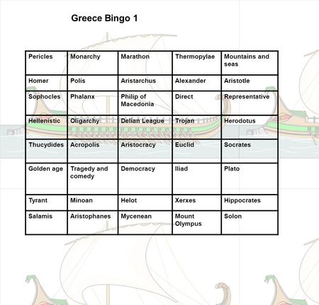 Greece Bingo 1 PericlesMonarchyMarathonThermopylaeMountains and seas HomerPolisAristarchusAlexanderAristotle SophoclesPhalanxPhilip of Macedonia DirectRepresentative.