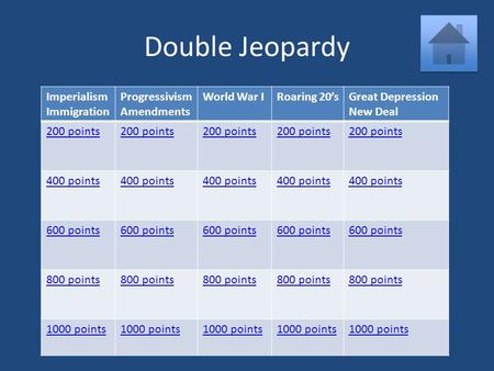 Double Jeopardy Imperialism Immigration Progressivism Amendments World War IRoaring 20’sGreat Depression New Deal 200 points200 points 400 points 400 points.