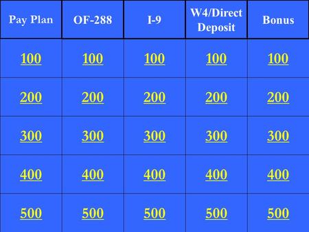 200 300 400 500 100 200 300 400 500 100 200 300 400 500 100 200 300 400 500 100 200 300 400 500 Pay Plan OF-288I-9 W4/Direct Deposit Bonus 100.