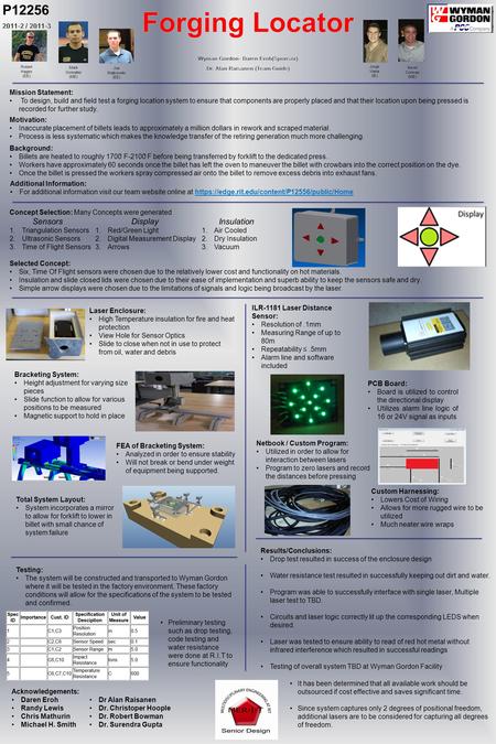 P12256 Mission Statement: To design, build and field test a forging location system to ensure that components are properly placed and that their location.