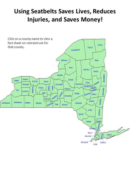Using Seatbelts Saves Lives, Reduces Injuries, and Saves Money! Schen- ectadSchen- ectady St. Lawrence Clinton Franklin Montgomery Lewis Herkimer Washington.