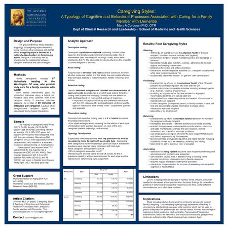 Grant Support National Institute on Aging [NIA R29 AG13019] Alzheimer’s Disease and Related Disorder Research Award [#08-02]. Analytic Approach Descriptive.