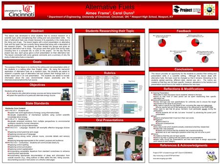 Alternative Fuels Aimee Frame 1, Carol Dunn 2 1 Department of Engineering, University of Cincinnati, Cincinnati, OH; 2 Newport High School, Newport, KY.