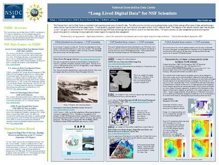 National Snow and Ice Data Center “Long-Lived Digital Data” for NSF Scientists Ballagh, L., Tsukernik, M., Judy, C., Dichtl, R., Bauer, R., Parsons, M.,