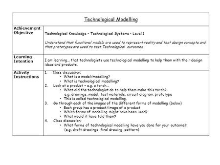 Technological Modelling Achievement Objective Technological Knowledge – Technological Systems - Level 1 Understand that functional models are used to represent.