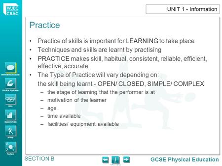 GCSE Physical Education Information/Discussion Practical Application Links Diagram/Table Activity Revision MAIN MENU Practice SECTION B UNIT 1 - Information.