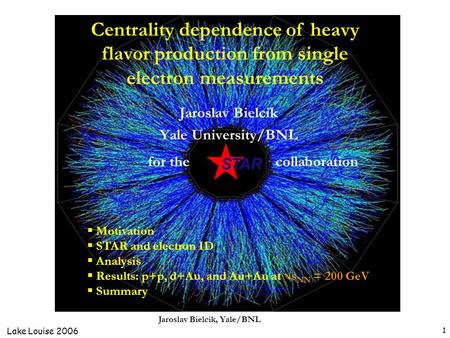 Lake Louise 2006 Jaroslav Bielcik, Yale/BNL 1  Motivation  STAR and electron ID  Analysis  Results: p+p, d+Au, and Au+Au at  s NN = 200 GeV  Summary.