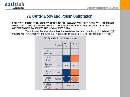 Optical Manufacturing Solutions 1 FOLLOW THE DIRECTIONS BELOW AFTER INSTALLING A NEW CUTTER BODY WITH POLISHING WHEELS INTO THE 7E TYPE MACHINES. IT IS.