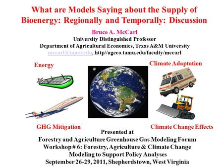 What are Models Saying about the Supply of Bioenergy: Regionally and Temporally: Discussion Bruce A. McCarl University Distinguished Professor Department.