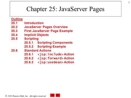  2003 Prentice Hall, Inc. All rights reserved. 1 Chapter 25: JavaServer Pages Outline 25.1 Introduction 25.2 JavaServer Pages Overview 25.3 First JavaServer.