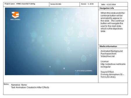 Project name: HTML5 Essential Training Date: 4 /17/ 2014 Screen ID: 001 Media information Navigation info Screen 1 of 24 Notes: When this slide ends the.
