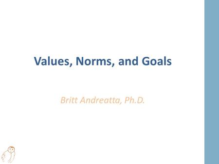 Values, Norms, and Goals Britt Andreatta, Ph.D.. Values Defined Values are “ the entire collection of a person ’ s attitudes, beliefs, opinions, hopes,