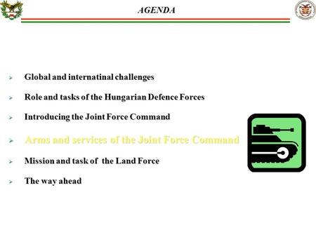 AGENDA  Global and internatinal challenges  Role and tasks of the Hungarian Defence Forces  Introducing the Joint Force Command  Arms and services.