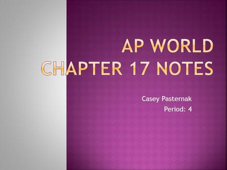 Casey Pasternak Period: 4.  Columbian Exchange: transfer of people, animals, plants, and diseases between New & Old Worlds.  Livestock/ agriculture.