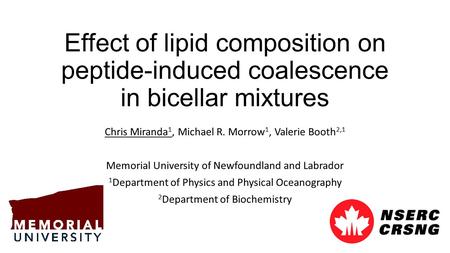 Effect of lipid composition on peptide-induced coalescence in bicellar mixtures Chris Miranda 1, Michael R. Morrow 1, Valerie Booth 2,1 Memorial University.