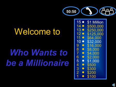 15 14 13 12 11 10 9 8 7 6 5 4 3 2 1 $1 Million $500,000 $250,000 $125,000 $64,000 $32,000 $16,000 $8,000 $4,000 $2,000 $1,000 $500 $300 $200 $100 Welcome.