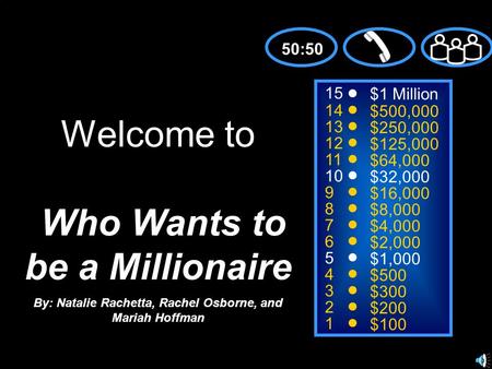 15 14 13 12 11 10 9 8 7 6 5 4 3 2 1 $1 Million $500,000 $250,000 $125,000 $64,000 $32,000 $16,000 $8,000 $4,000 $2,000 $1,000 $500 $300 $200 $100 Welcome.