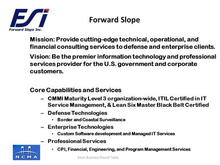 Company logo here Mission: Provide cutting-edge technical, operational, and financial consulting services to defense and enterprise clients. Vision: Be.