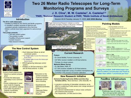 J. D. Cline 1, M. W. Castelaz 1, A. Castelaz 2,3 1 PARI; 2 Summer Research Student at PARI; 3 Webb Institute of Naval Architecture Two 26 Meter Radio Telescopes.