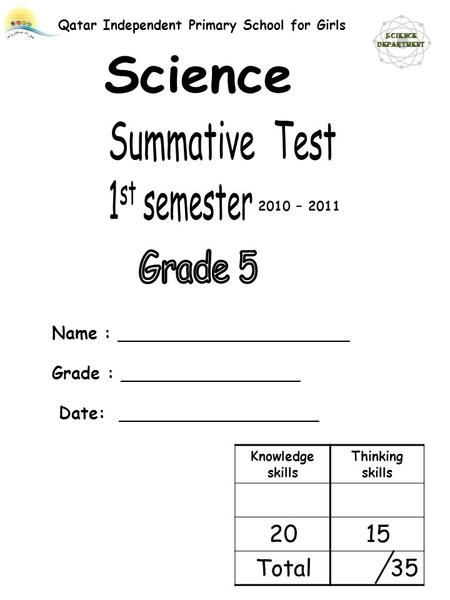 Thinking skills Knowledge skills 1520 35Total Name : ______________________ Grade : _________________ Date: ___________________ Qatar Independent Primary.