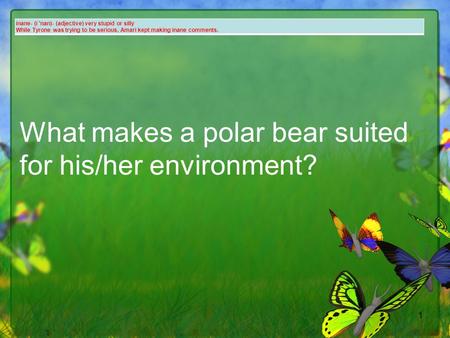 1 What makes a polar bear suited for his/her environment? inane- (i 'nan)- (adjective) very stupid or silly While Tyrone was trying to be serious, Amari.