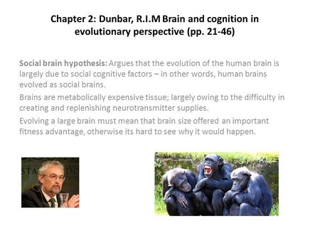 Chapter 2: Dunbar, R.I.M Brain and cognition in evolutionary perspective (pp. 21-46) Social brain hypothesis: Argues that the evolution of the human brain.