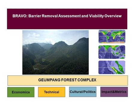 BRAVO: Barrier Removal Assessment and Viability Overview GEUMPANG FOREST COMPLEX Economics Technical Cultural/PoliticsImpact&Metrics.