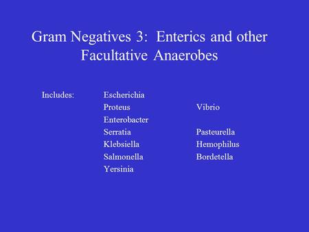 Gram Negatives 3: Enterics and other Facultative Anaerobes Includes:Escherichia ProteusVibrio Enterobacter SerratiaPasteurella KlebsiellaHemophilus SalmonellaBordetella.