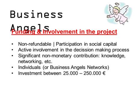 Business Angels Funding & Involvement in the project Non-refundable | Participation in social capital Active involvement in the decission making process.