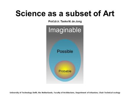 Science as a subset of Art Prof.dr.ir. Taeke M. de Jong University of Technology Delft, the Netherlands, Faculty of Architecture, Department of Urbanism,