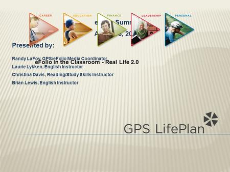 EFolio Summit August 6, 2009 Presented by: Randy LaFoy, GPS/eFolio Media Coordinator Laurie Lykken, English Instructor Christina Davis, Reading/Study Skills.