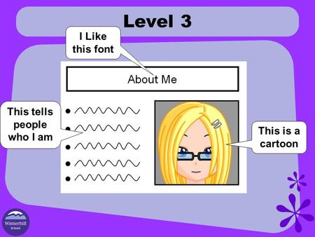 Level 3 This is a cartoon I Like this font This tells people who I am.