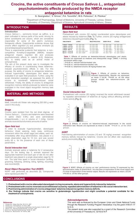 Crocins, the active constituents of Crocus Sativus L., antagonized psychotomimetic effects produced by the NMDA receptor antagonist ketamine in rats G.